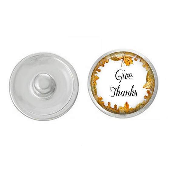 Thanksgiving Give Thanks Snap, a hand-pressed 7/8” round jewelry snap for bracelets and charms, featuring a festive design.