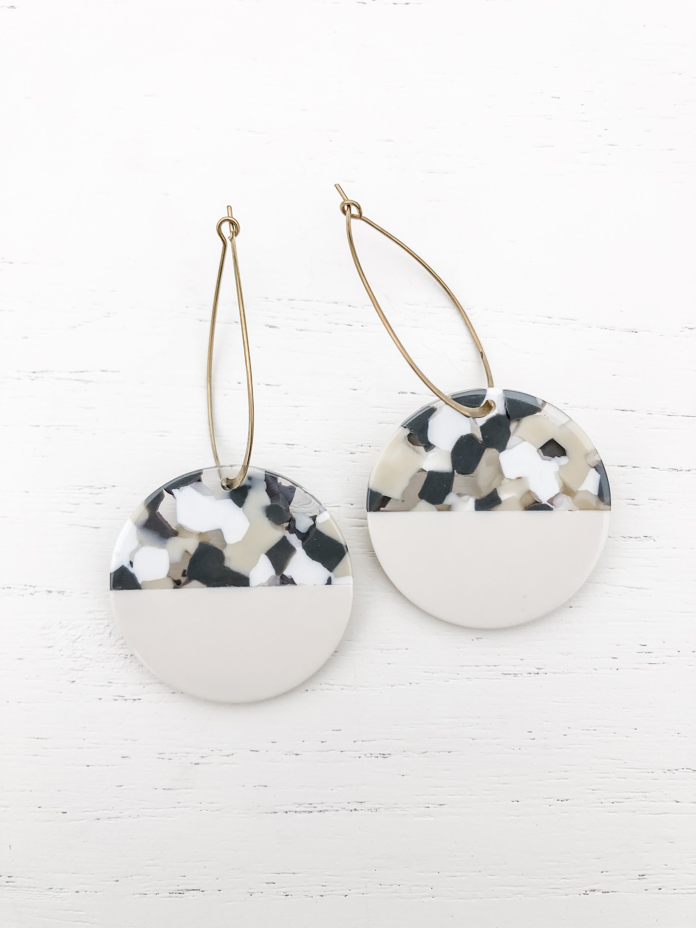 Maddy Roundies Natural Tortoise earrings featuring brass hoops with army green, tan, and beige resin details.