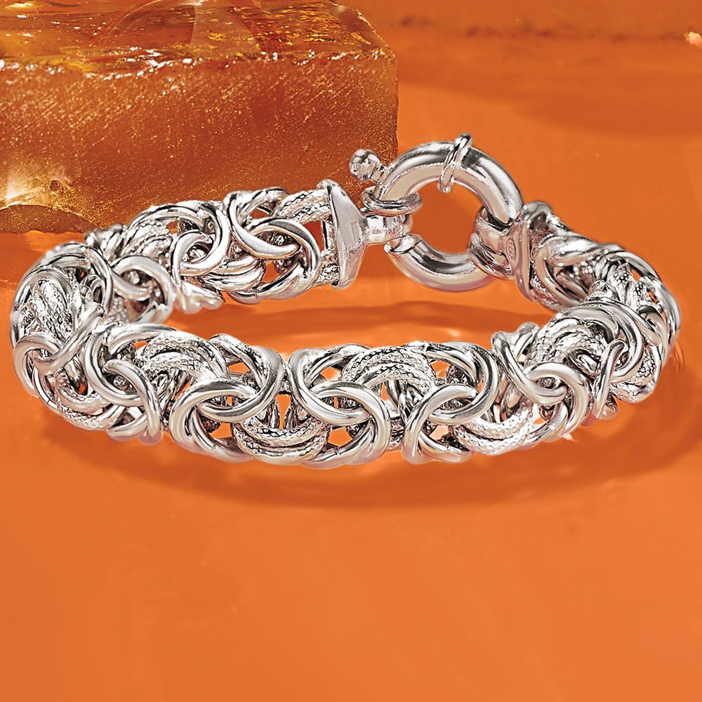 Thick Cut Bolivian Design Byzantine Unisex Bracelet in 14K White Gold, showcasing intricate patterns and a lobster clasp.
