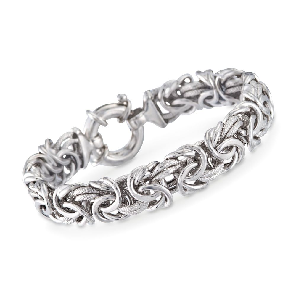 Thick Cut Bolivian Design Byzantine Unisex Bracelet in 14K White Gold, showcasing intricate patterns and a lobster clasp.