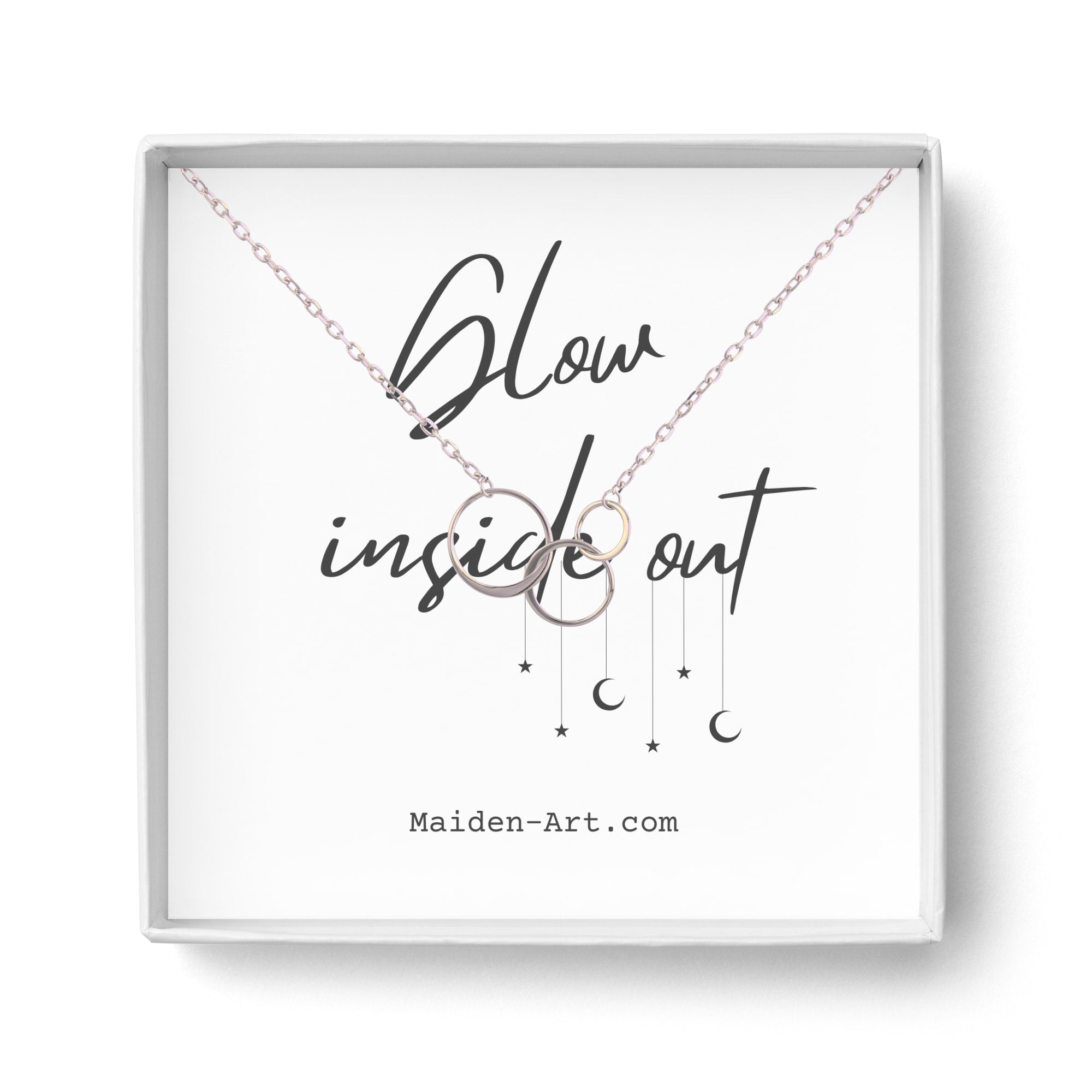 Three Circle Pendant Necklace featuring interlocking circles in rhodium plated 925 sterling silver on a link chain.