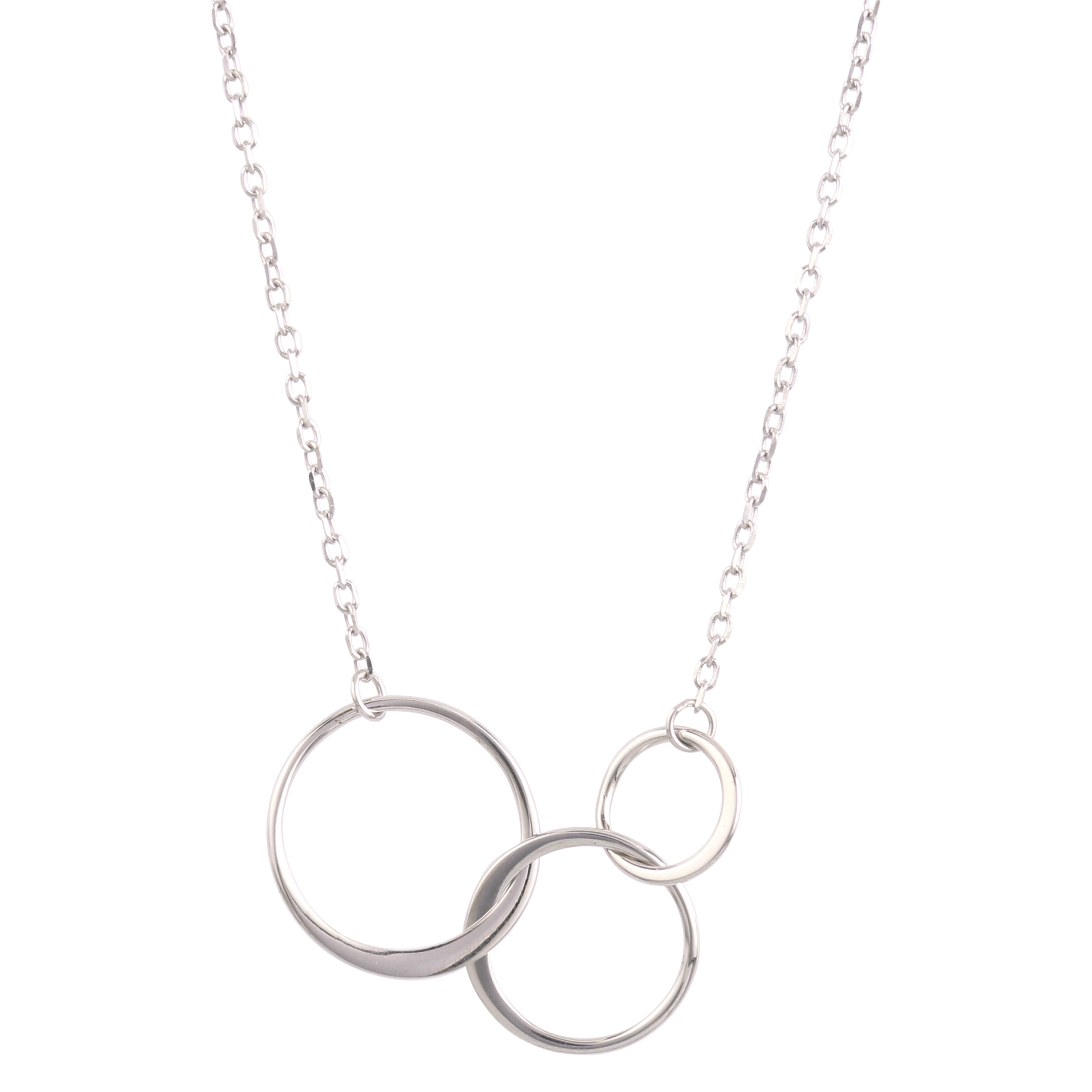 Three Circle Pendant Necklace featuring interlocking circles in rhodium plated 925 sterling silver on a link chain.