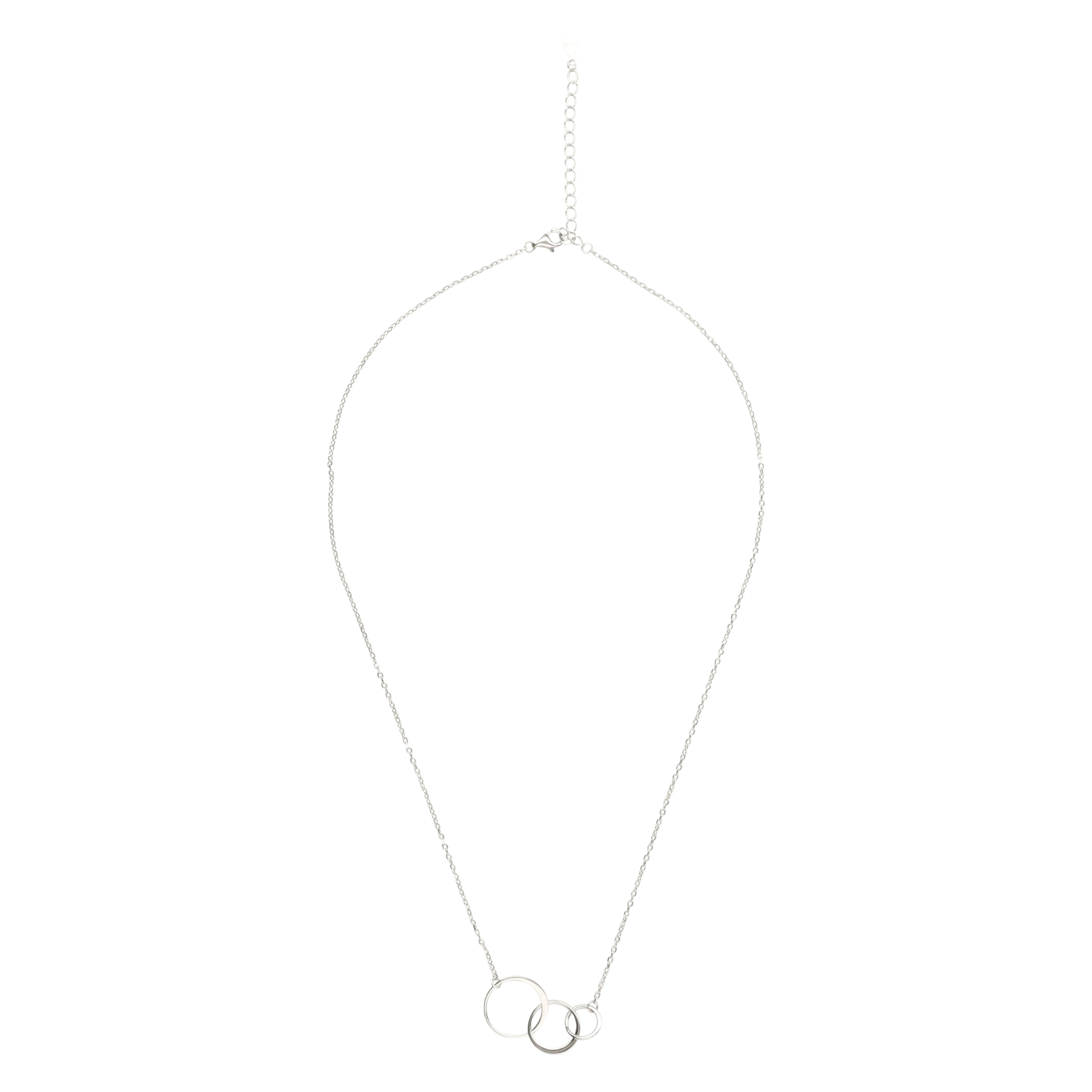 Three Circle Pendant Necklace featuring interlocking circles in rhodium plated 925 sterling silver on a link chain.