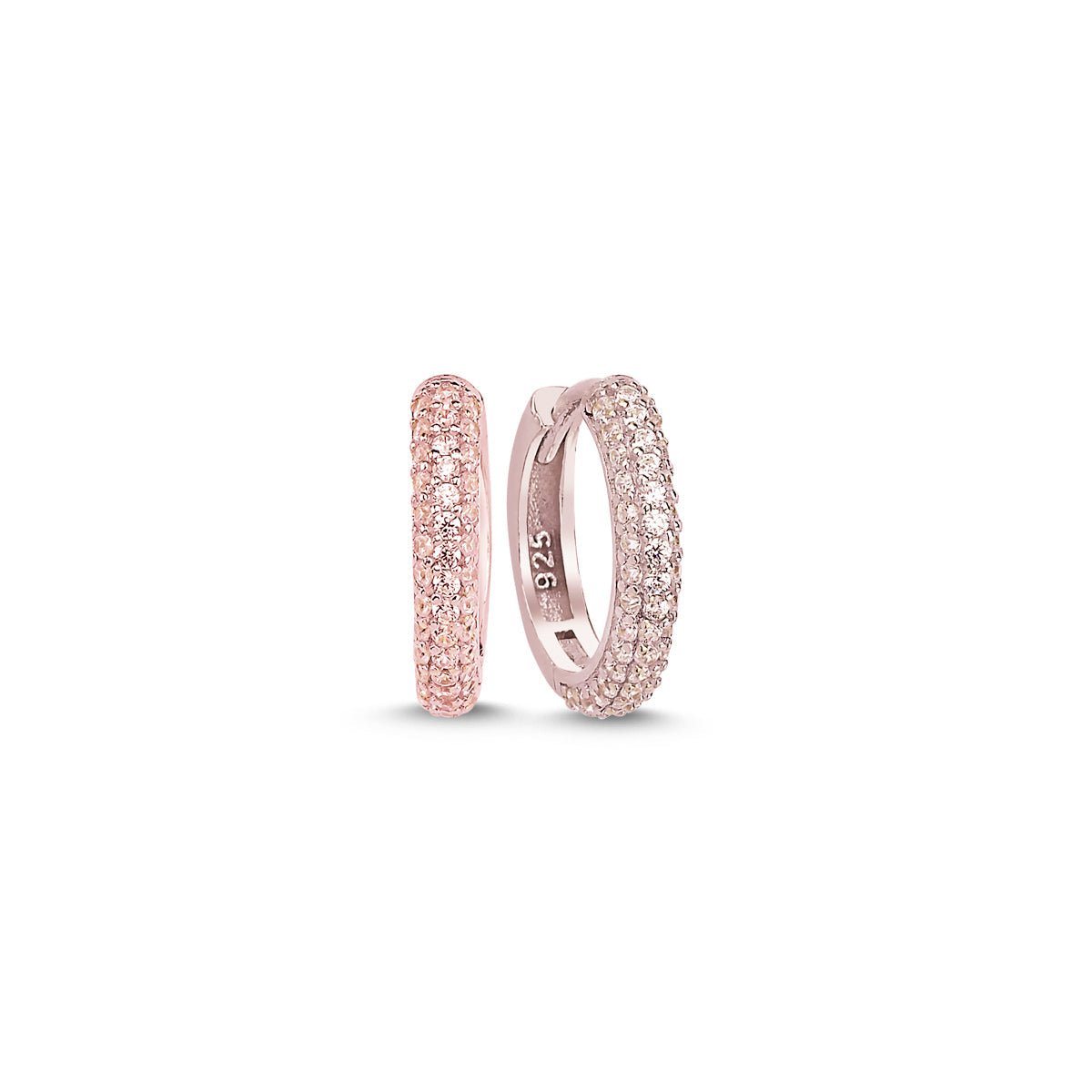 Three Row Rounded Dainty Silver Huggie Hoop Earrings with clear CZ crystals, handmade from 925 Sterling Silver, available in multiple finishes.