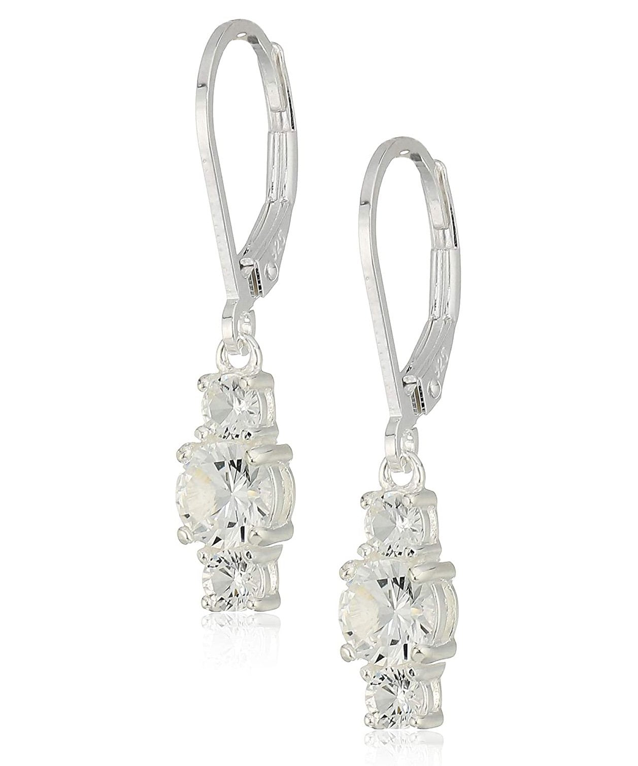 Three Stone Leverback Dangle earrings featuring clear Austrian crystals set in 18K white gold, showcasing elegance and craftsmanship.