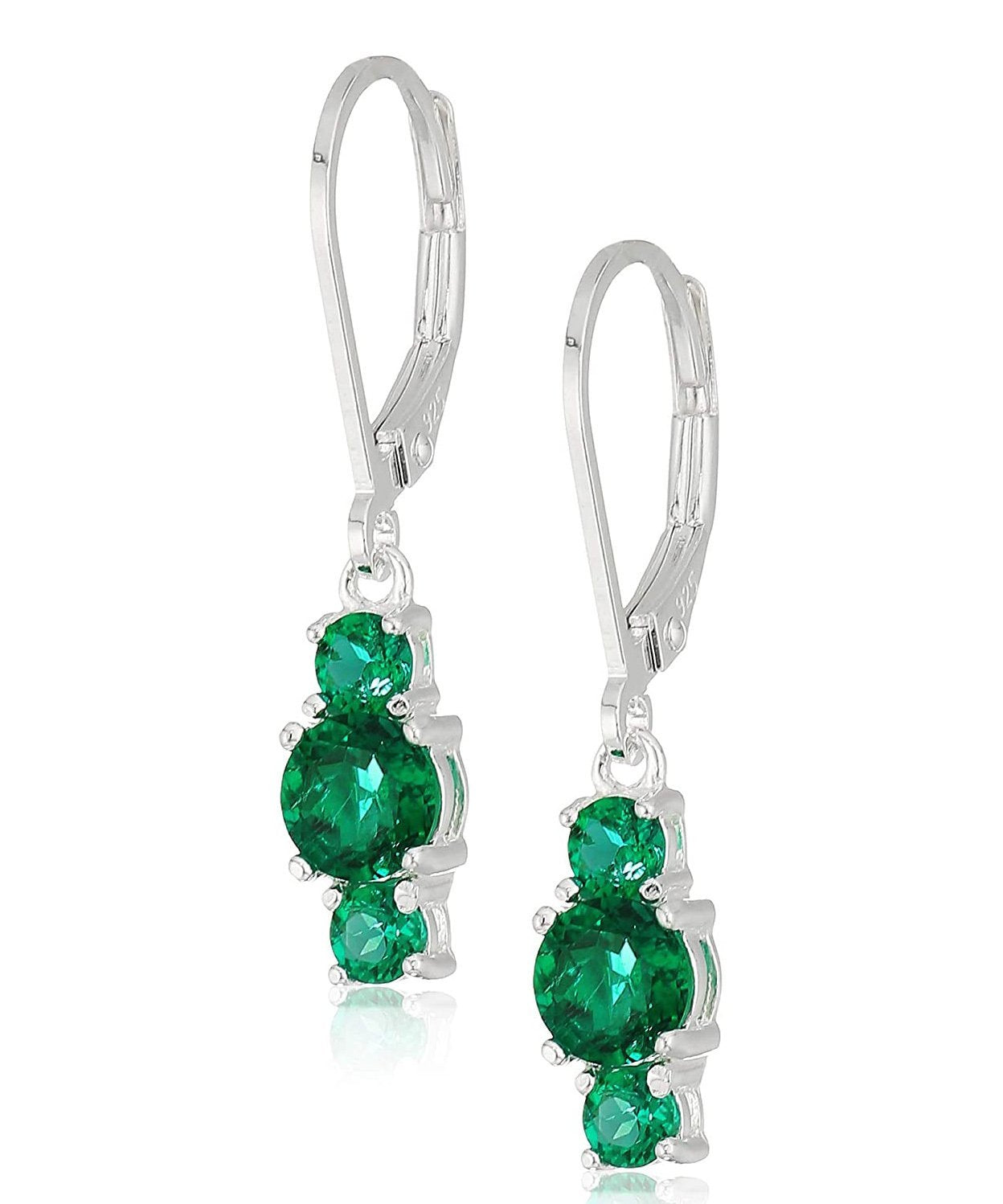 Three Stone Leverback Dangle Earrings featuring emerald Austrian crystals set in 18K white gold, showcasing elegance and craftsmanship.
