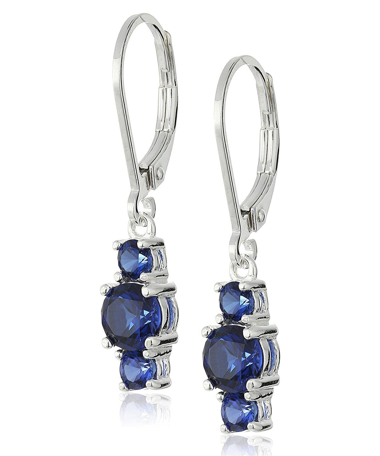 Three Stone Leverback Dangle Earrings featuring sapphire Austrian crystals set in 18K gold, showcasing elegance and craftsmanship.