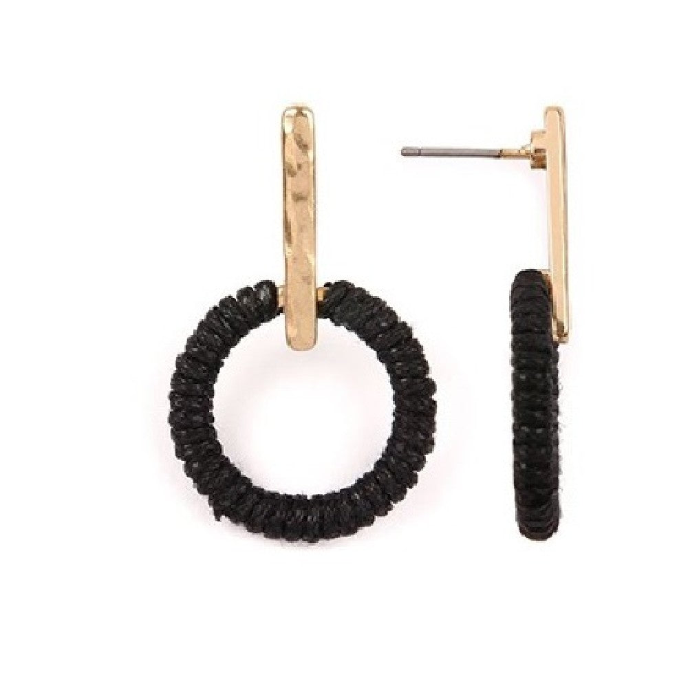 Colorful thread wrapped hoop post earrings displayed elegantly, showcasing their unique design and vibrant colors.