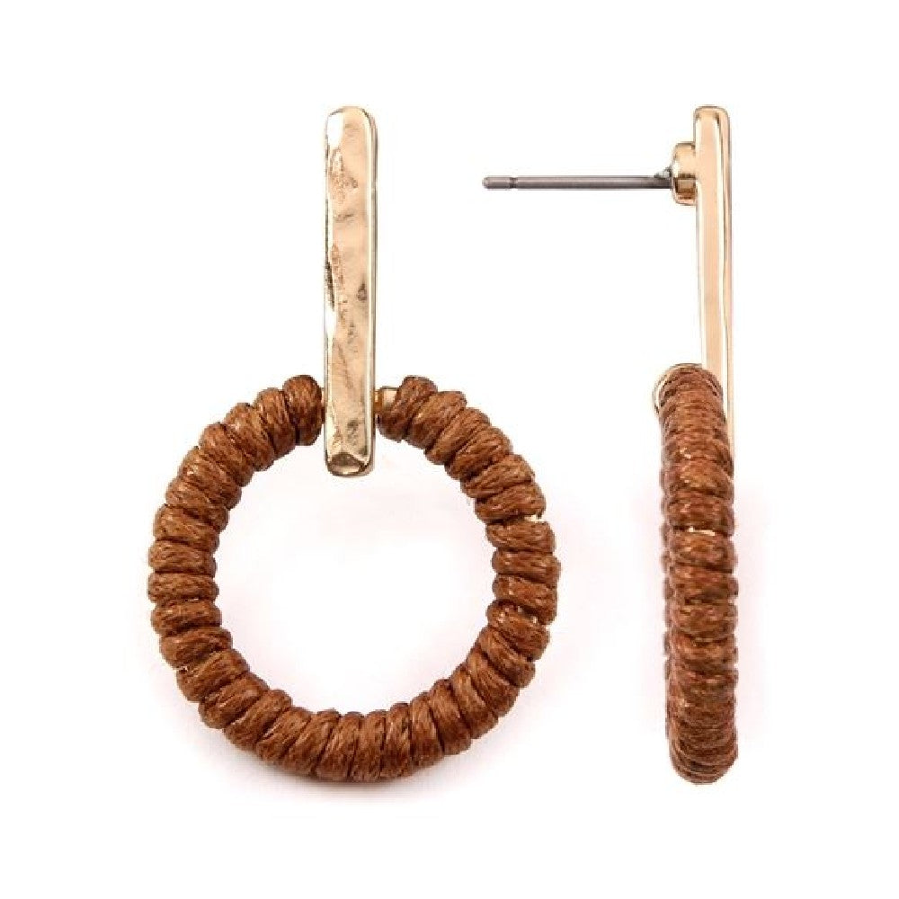 Colorful thread wrapped hoop post earrings displayed elegantly, showcasing their unique design and vibrant colors.