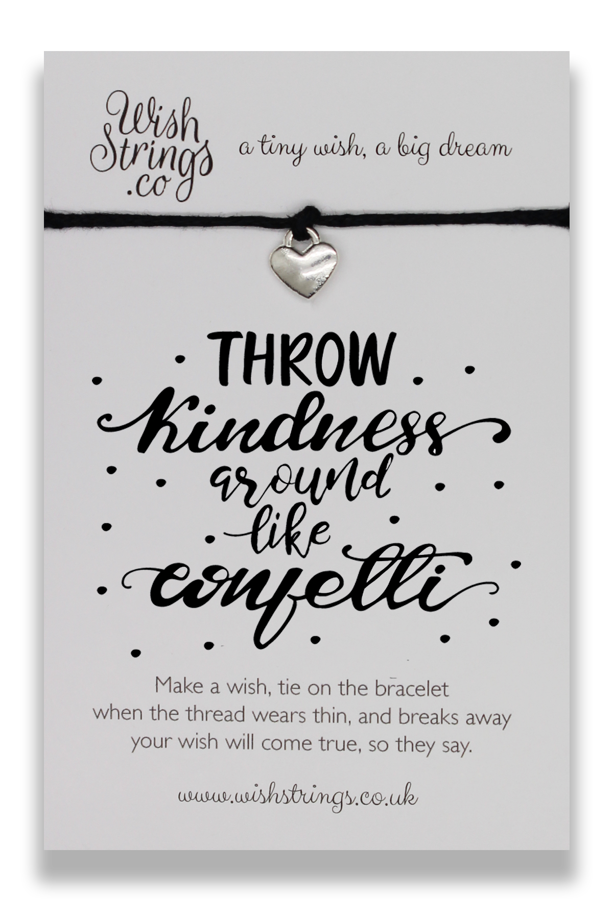 THROW KINDNESS WishStrings Wish Bracelet featuring a Tibetan Silver charm on a waxed cotton cord, beautifully packaged.