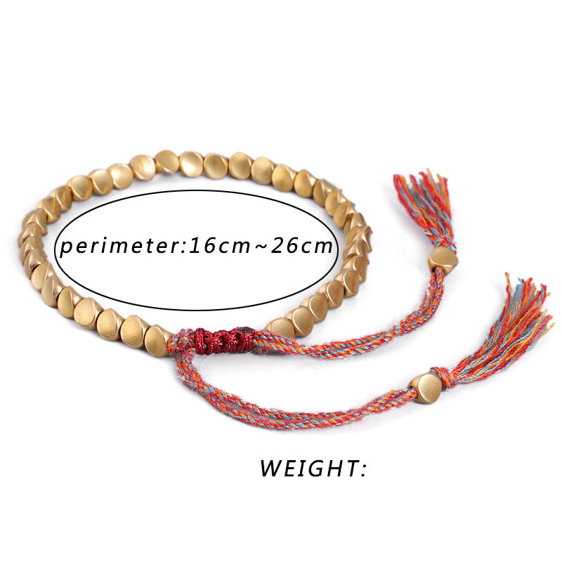 Tibetan Copper Beads Braided Cotton Good Luck Friendship Bracelet, featuring handmade copper beads and adjustable cotton rope.