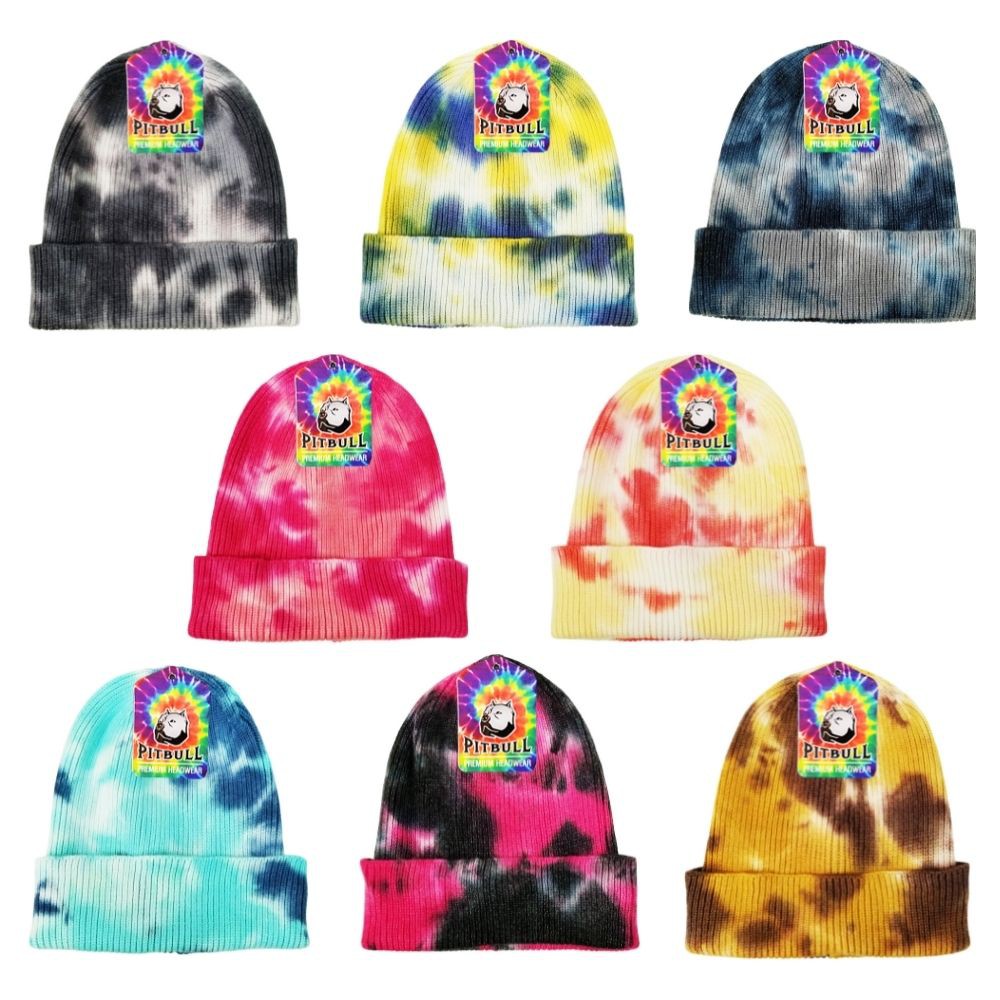 A colorful pack of six tie dye cuffed knit beanie hats, showcasing vibrant patterns and a cozy knit design.
