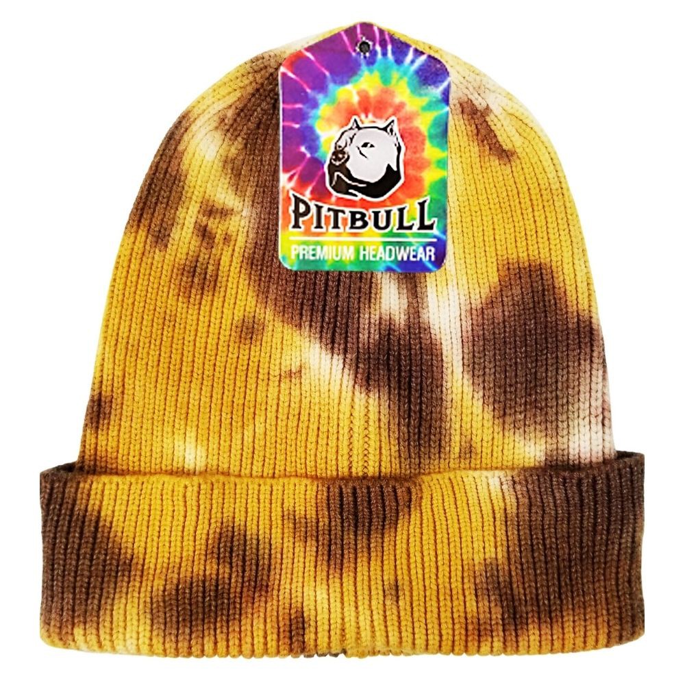 A colorful pack of six tie dye cuffed knit beanie hats, showcasing vibrant patterns and a cozy knit design.