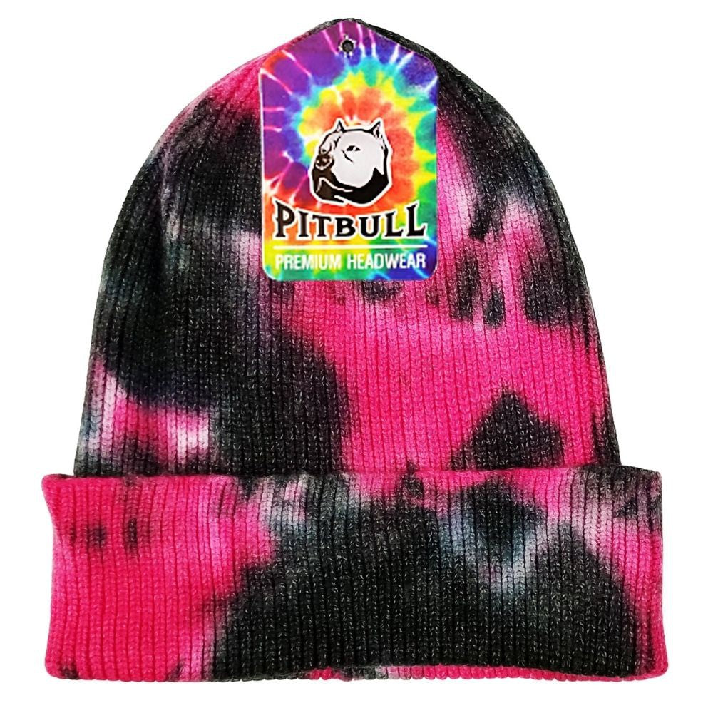 A colorful pack of six tie dye cuffed knit beanie hats, showcasing vibrant patterns and a cozy knit design.