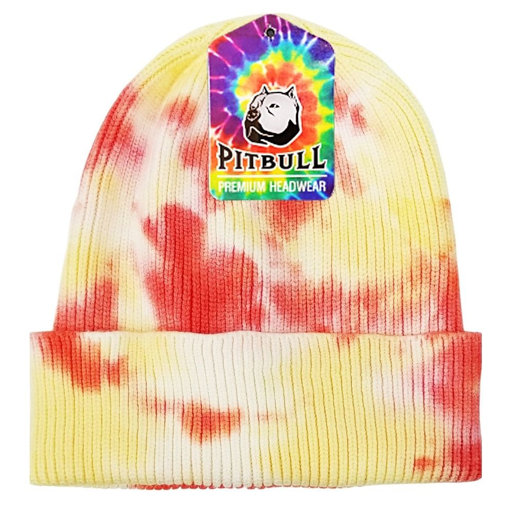 A colorful pack of six tie dye cuffed knit beanie hats, showcasing vibrant patterns and a cozy knit design.