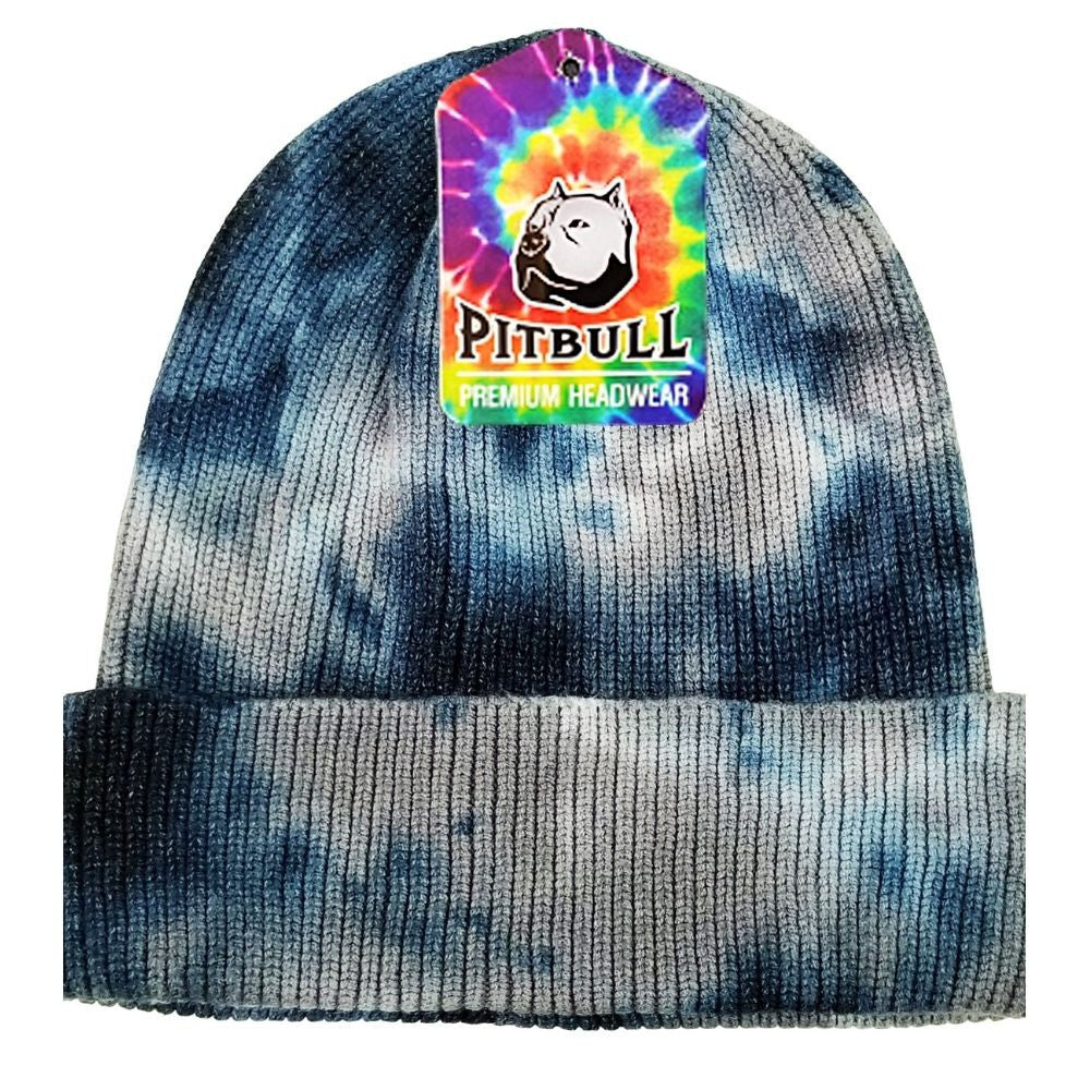 A colorful pack of six tie dye cuffed knit beanie hats, showcasing vibrant patterns and a cozy knit design.