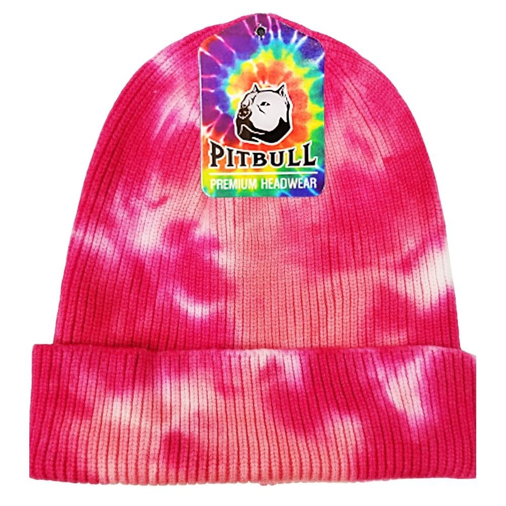 A colorful pack of six tie dye cuffed knit beanie hats, showcasing vibrant patterns and a cozy knit design.