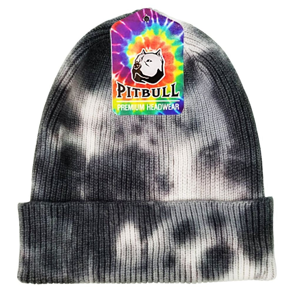 A colorful pack of six tie dye cuffed knit beanie hats, showcasing vibrant patterns and a cozy knit design.