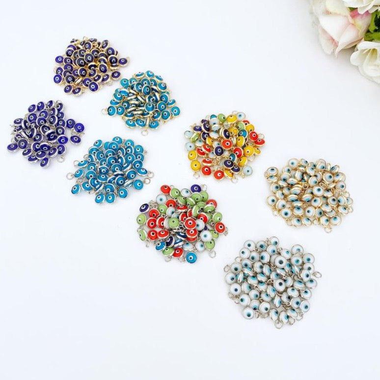 Tiny Evil Eye Charm set featuring 6mm beads in gold and silver finishes, ideal for DIY jewelry making.