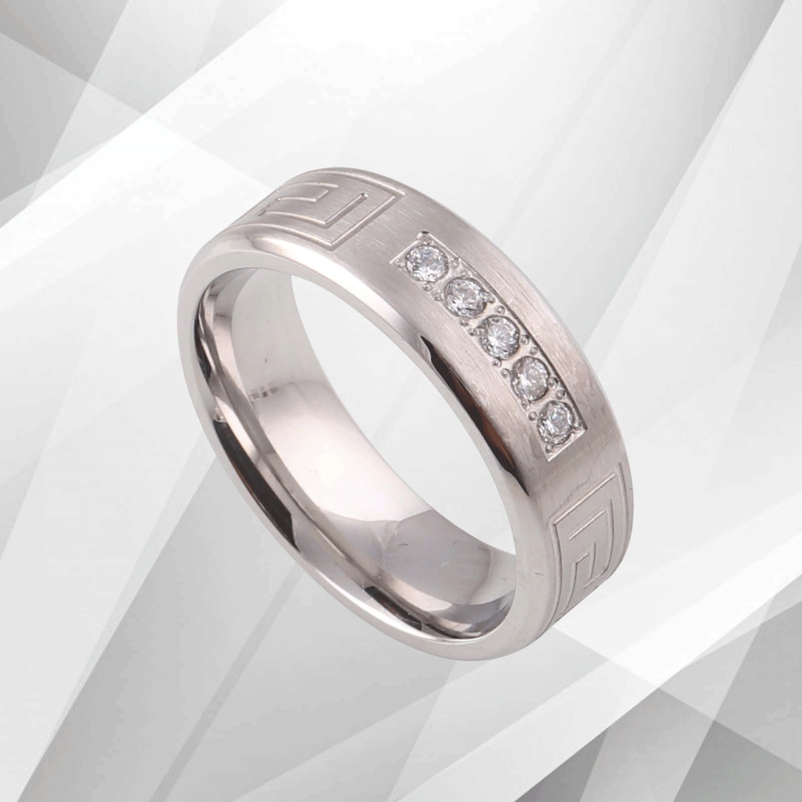 Titanium Five 0.35Ct CZ Diamond Wedding Band with 18Ct White Gold Over finish, featuring five sparkling diamonds in a flat-court design.