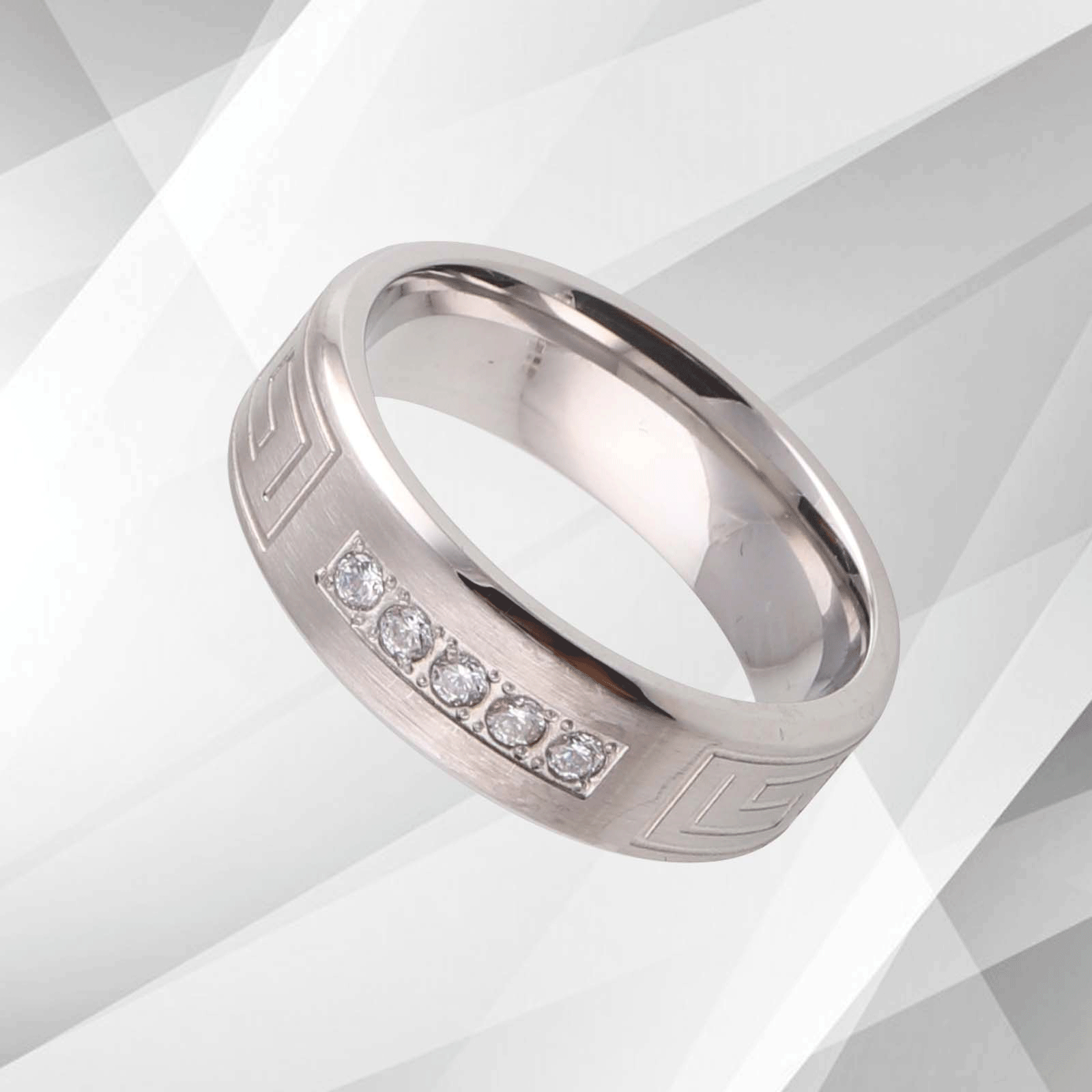 Titanium Five 0.35Ct CZ Diamond Wedding Band with 18Ct White Gold Over finish, featuring five sparkling diamonds in a flat-court design.