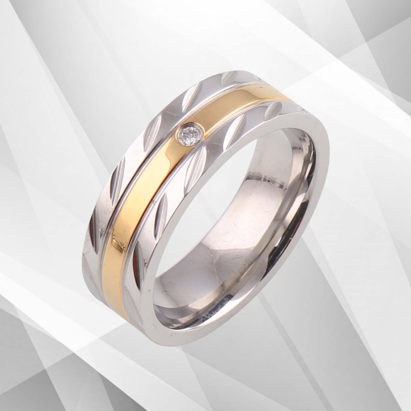 A beautiful Titanium Wedding Band Ring featuring a 0.35Ct CZ diamond, with 18Ct yellow and white gold finish, designed for women.