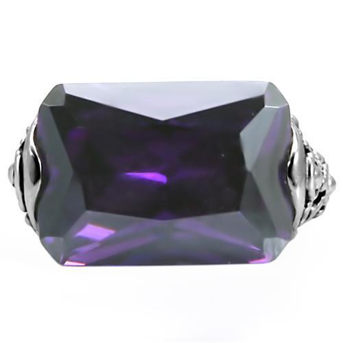 TK015 High Polished Stainless Steel Ring featuring AAA Grade Amethyst CZ, showcasing a sleek design and vibrant stone.