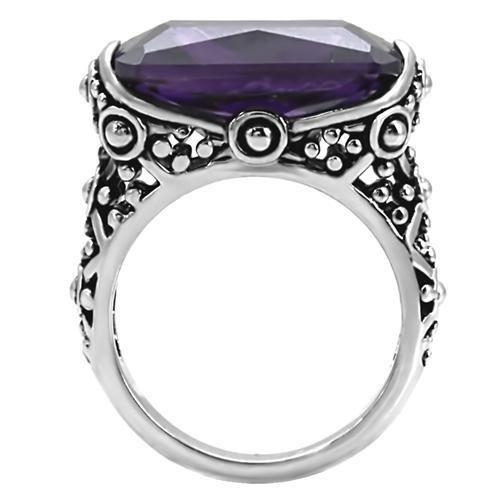 TK015 High Polished Stainless Steel Ring featuring AAA Grade Amethyst CZ, showcasing a sleek design and vibrant stone.