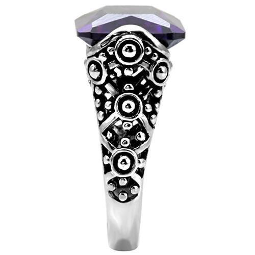 TK015 High Polished Stainless Steel Ring featuring AAA Grade Amethyst CZ, showcasing a sleek design and vibrant stone.