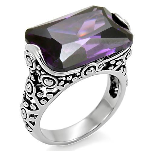 TK015 High Polished Stainless Steel Ring featuring AAA Grade Amethyst CZ, showcasing a sleek design and vibrant stone.