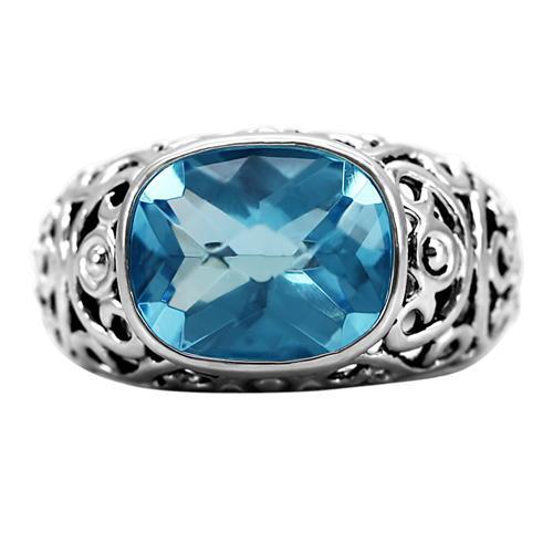 TK020 High Polished Stainless Steel Ring featuring a synthetic sea blue glass center stone, showcasing its elegant design and polished finish.