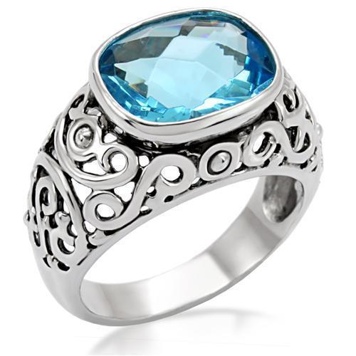 TK020 High Polished Stainless Steel Ring featuring a synthetic sea blue glass center stone, showcasing its elegant design and polished finish.