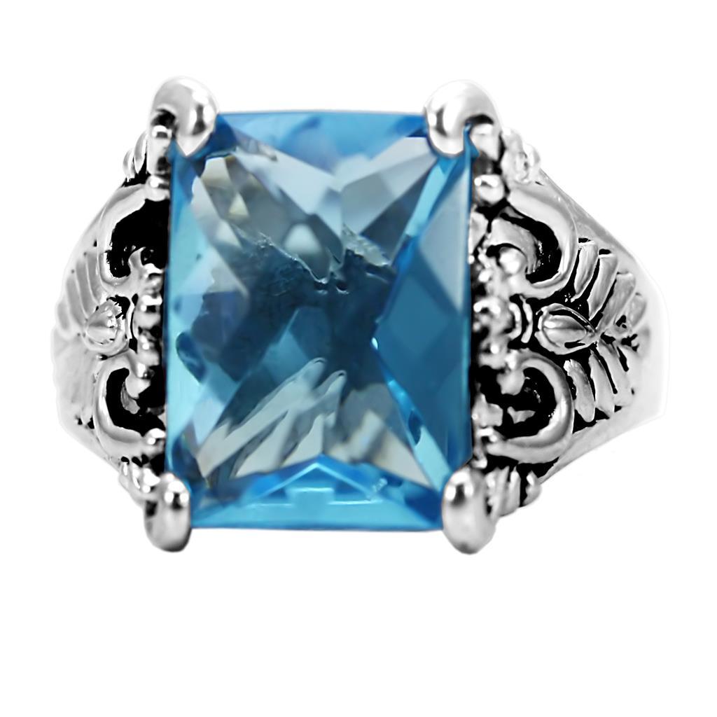 TK021 High Polished Stainless Steel Ring featuring a synthetic sea blue glass center stone, showcasing its elegant design and polished finish.