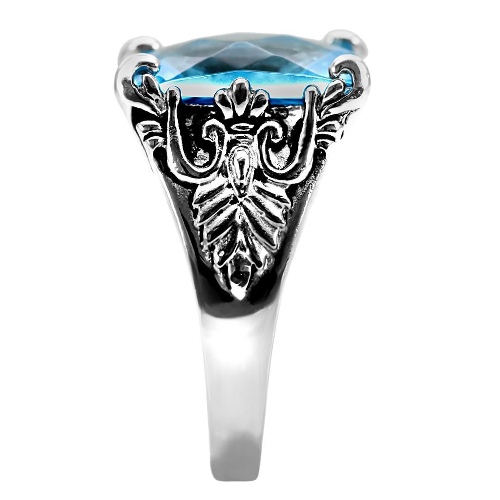 TK021 High Polished Stainless Steel Ring featuring a synthetic sea blue glass center stone, showcasing its elegant design and polished finish.