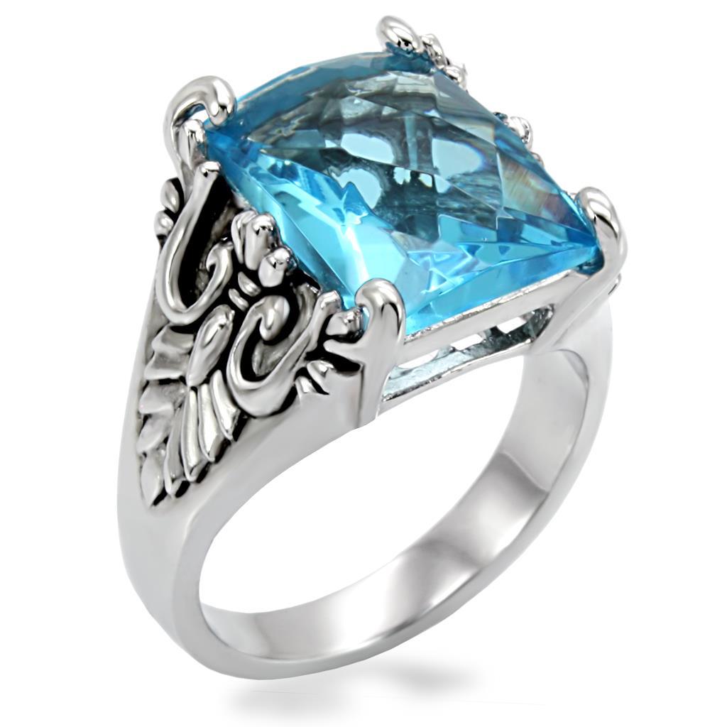 TK021 High Polished Stainless Steel Ring featuring a synthetic sea blue glass center stone, showcasing its elegant design and polished finish.