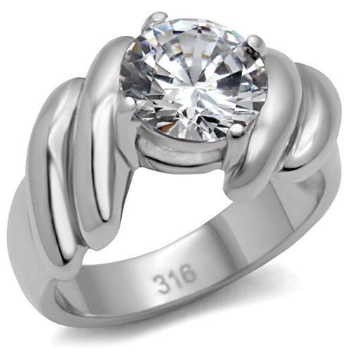 TK060 High Polished Stainless Steel Ring featuring a clear AAA Grade CZ center stone, showcasing its elegant design and shiny finish.