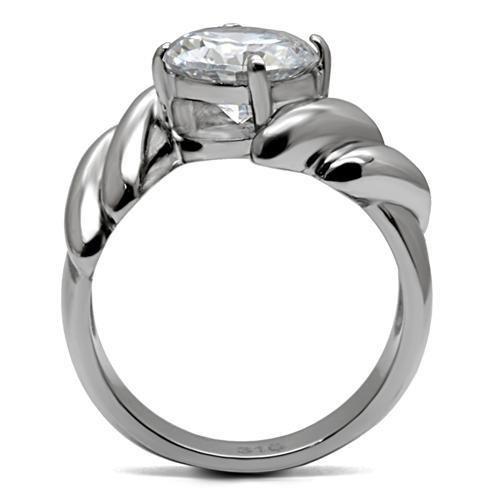 TK060 High Polished Stainless Steel Ring featuring a clear AAA Grade CZ center stone, showcasing its elegant design and shiny finish.