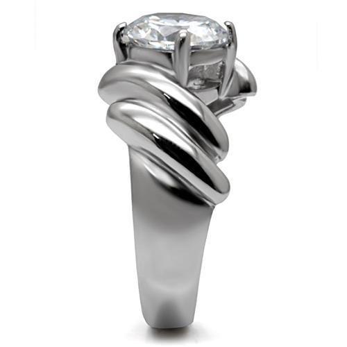 TK060 High Polished Stainless Steel Ring featuring a clear AAA Grade CZ center stone, showcasing its elegant design and shiny finish.