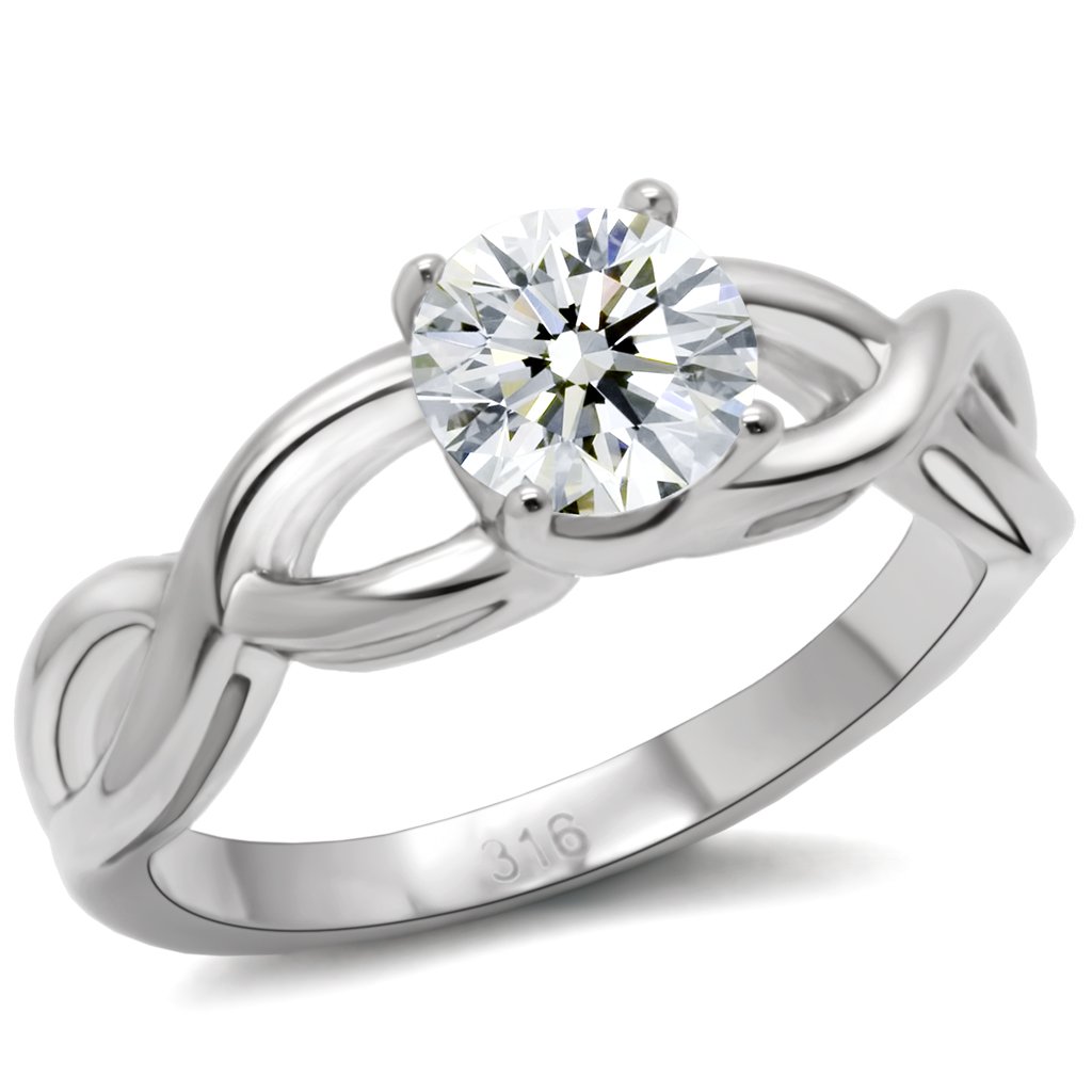 TK065 High Polished Stainless Steel Ring with AAA Grade Clear CZ, showcasing its elegant design and brilliant shine.