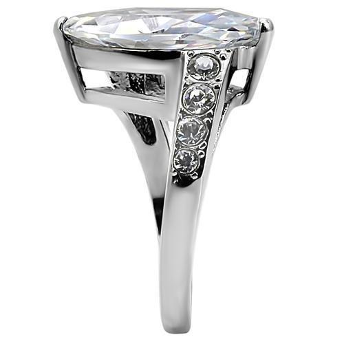 TK008 High Polished Stainless Steel Ring featuring a clear AAA Grade CZ stone, showcasing its elegant design and shiny finish.