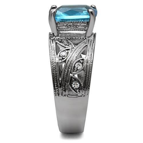 TK081 High Polished Stainless Steel Ring featuring a synthetic sea blue glass center stone, showcasing its sleek design and polished finish.
