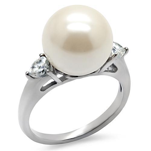 TK090 High Polished Stainless Steel Ring featuring a synthetic pearl with an Aurora Borealis effect, showcasing a sleek design.