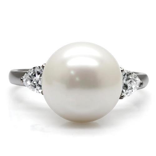 TK090 High Polished Stainless Steel Ring featuring a synthetic pearl with an Aurora Borealis effect, showcasing a sleek design.