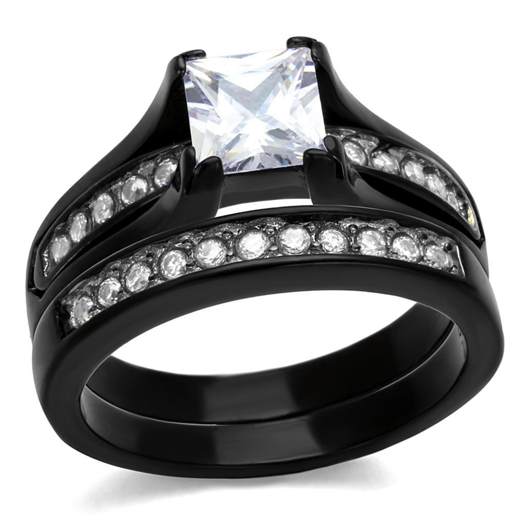 Two-tone IP black stainless steel ring featuring a clear AAA grade cubic zirconia center stone, showcasing a modern and elegant design.
