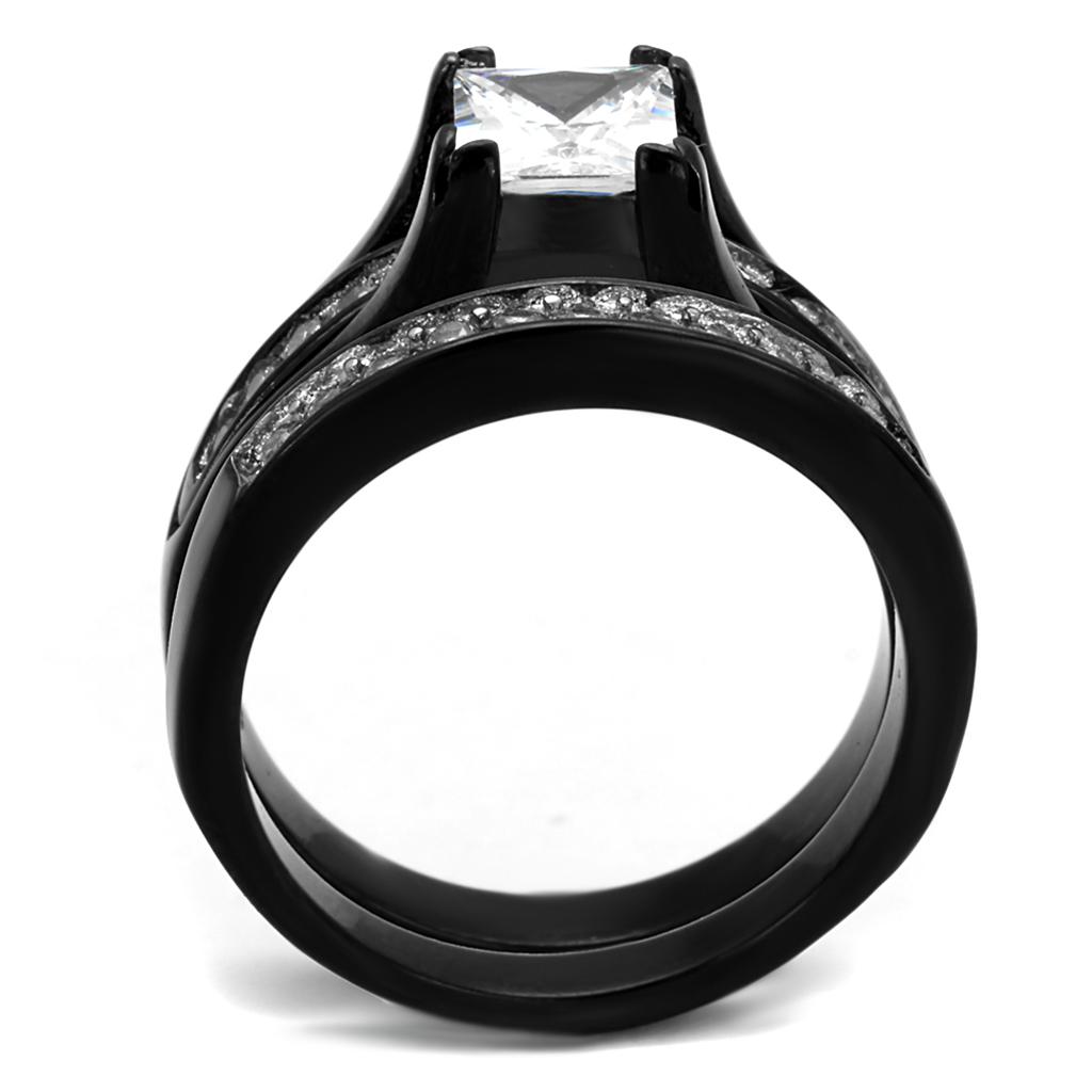 Two-tone IP black stainless steel ring featuring a clear AAA grade cubic zirconia center stone, showcasing a modern and elegant design.