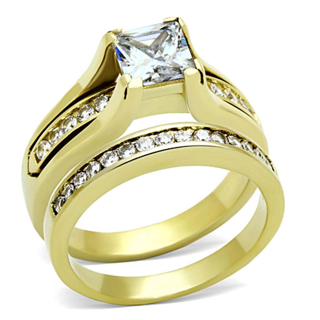 TK0W384 IP Gold Stainless Steel Ring featuring a clear AAA Grade CZ center stone, showcasing its elegant design and luxurious finish.
