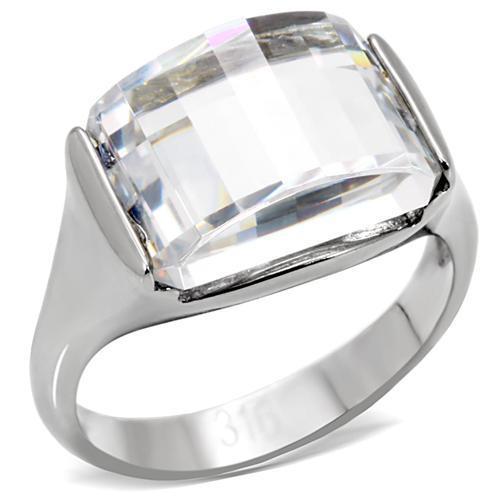 TK100 High Polished Stainless Steel Ring featuring a clear AAA Grade CZ stone, showcasing a sleek and shiny design.
