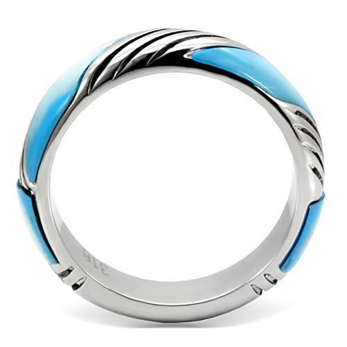 TK110 High Polished Stainless Steel Ring featuring a Sea Blue Conch stone, showcasing its elegant design and shiny finish.