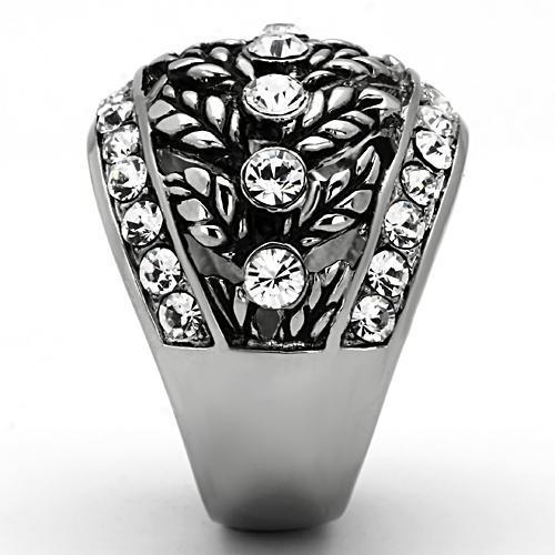 TK1015 High Polished Stainless Steel Ring featuring a clear top grade crystal centerpiece, showcasing a sleek and modern design.