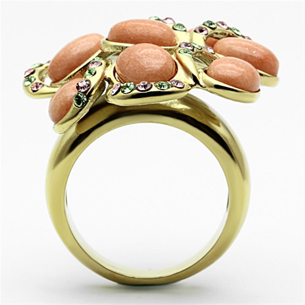 TK1102 IP Gold Stainless Steel Ring featuring a vibrant orange synthetic coral stone, showcasing its elegant design and luxurious finish.